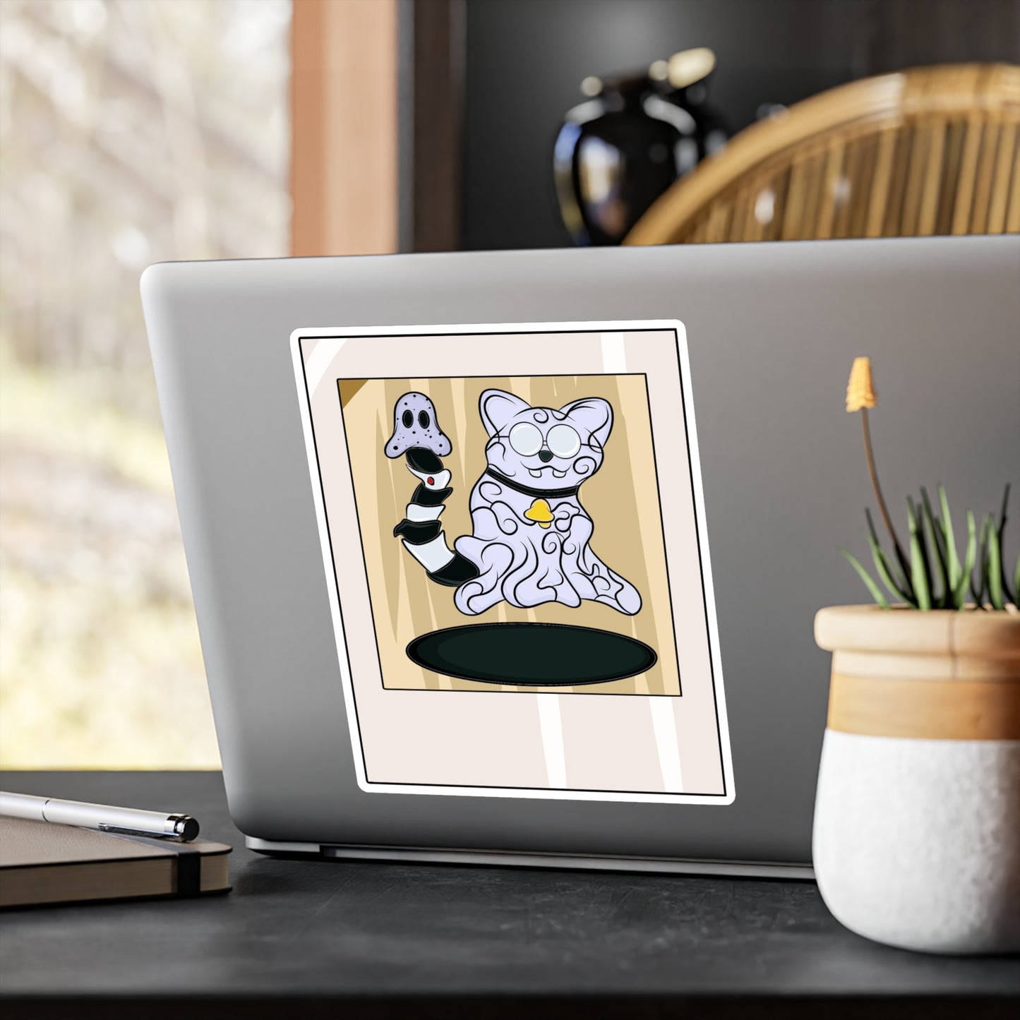 Vinyl Decal - Funny Ghost Cat with Ghost Tail Polaroid pic